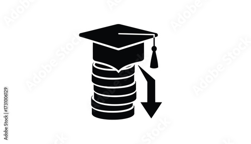 Graduation Cap On Stacked Coins With Downward Arrow Icon