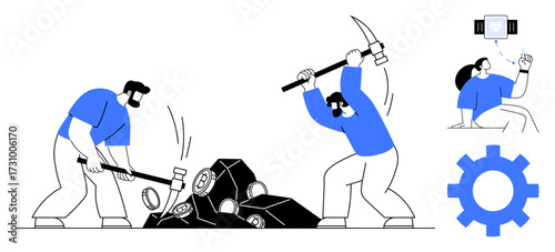 Two workers manually breaking rocks using tools, a woman operating a device with automation elements, and a gear icon. Ideal for labor, teamwork, automation, technology, industry, innovation