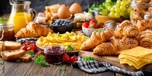 Brunch spread with a variet of dishes pastries. Village Breakfast 