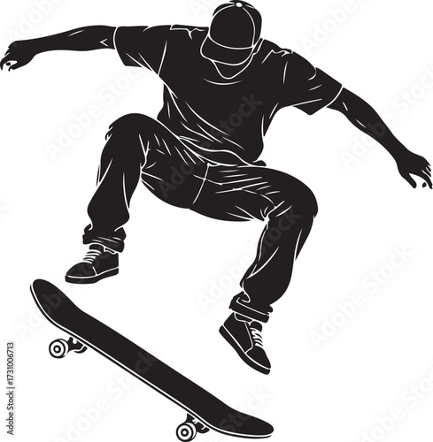 Silhouette of a skateboarder performing an aerial trick on a white background skateboarding