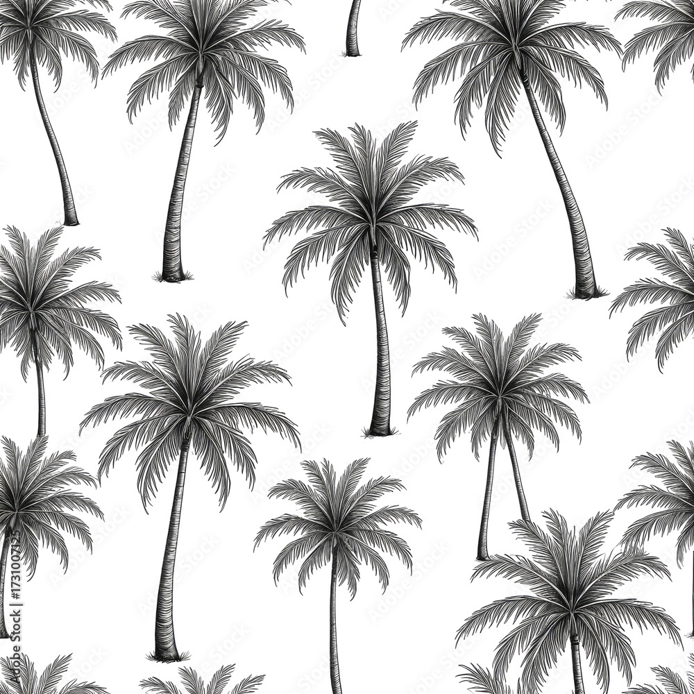 Obraz premium Monochrome palm tree pattern on black background, repeated, tropical feel
