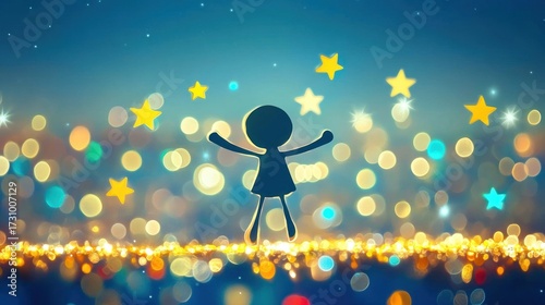 Silhouette girl jumps joyfully amidst glowing stars and lights