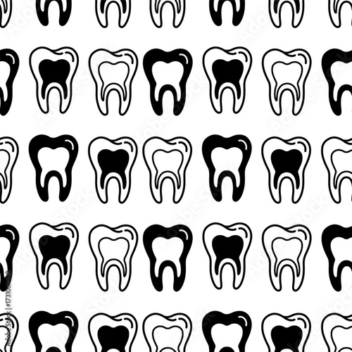 Tooth black pattern. Vector dental seamless background illustration. Cartoon healthy dentistry tooth. Medical pattern. Vector drawing silhouette icon. Dentist art print.
