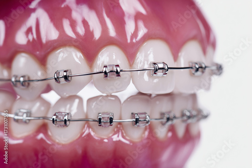 Detailed view of dental braces on a model showcasing orthodontic treatment and tooth alignment Generative AI