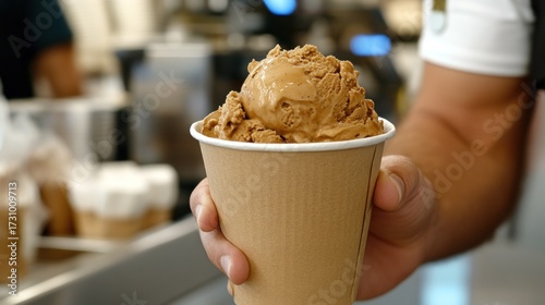 Hand holding a paper cup of brown ice cream