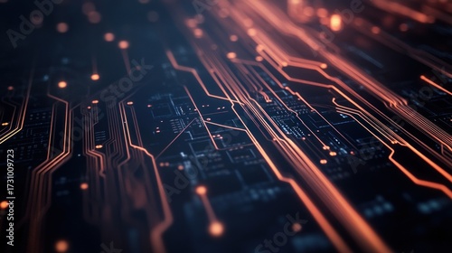 Abstract circuit board with glowing orange/copper lines