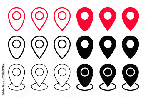 Location icon collection set. red location symbol , map pin icon , location pointer icon , address icon. for maps, GPS, navigation apps, location markers, address indications, geolocation interface