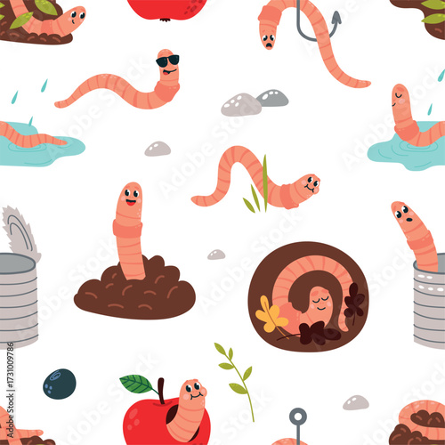 Cartoon worms in waste seamless pattern. Worm in ground, in red apple, earthworm in puddle. Print for fabric, wallpaper, wrapping, vector background