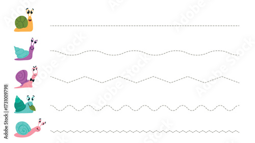Draw path of snail. Template for practicing children writing. Cartoon funny snails and dots lines, zigzag and waves shapes. Kids education vector element