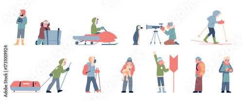 Polar station workers in winter warm outfits. Arctic scientists with binocular, caring of animals. Polar explorers on snowmobile and skis recent vector set