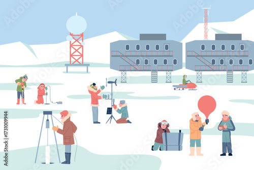 Polar station explorers. Remote shift workers at the north or south pole, a snowy landscape with technical buildings and researchers, recent vector scene