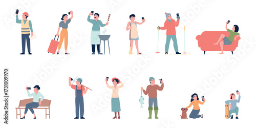 Selfie characters. People with smartphones doing photos or video in various situations. Male female with food, animals, in hobby or travel, recent vector set