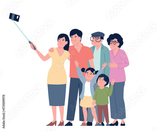 Happy family selfie. Children with adults doing photo on smartphone together. Grandparents, parents and kids. Memories making, recent vector scene