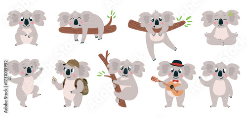 Funny koala. Cute australian animal in different poses. Koala on tree, traveller character, musician. Adorable childish mascot, cartoon classy vector set