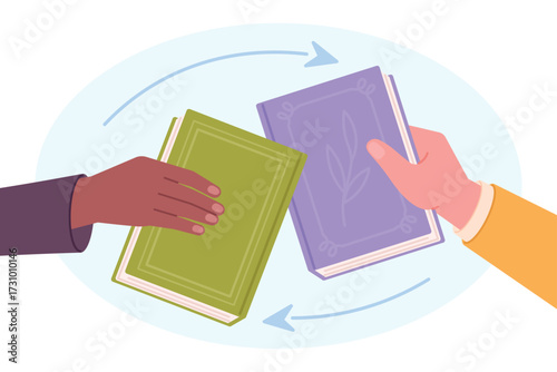 Book crossing concept. People books swap, exchange textbook. Readers characters, literature in library or school reading fest, education racy vector concept