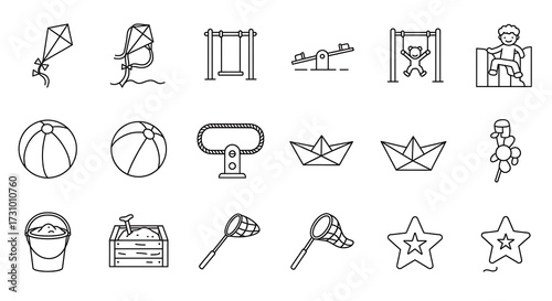 Playground and Children's Toys Line Art Icon Set