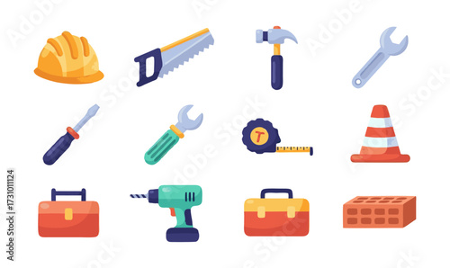 A collection of colorful cartoon construction tools and equipment icons isolated on a white background.