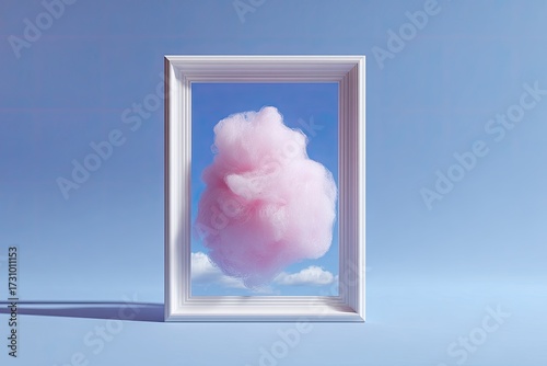 Pink cotton candy cloud in white frame, pastel colors