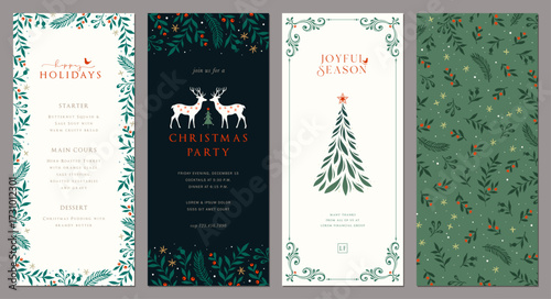 Winter Holiday cards. Universal Abstract Christmas tall templates 4x9 with decorative Christmas Tree, reindeers, ornate floral background and frame with copy space, bird and greetings.