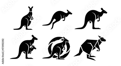Collection of black kangaroo silhouettes in various poses, including jumping, standing, and with a joey.