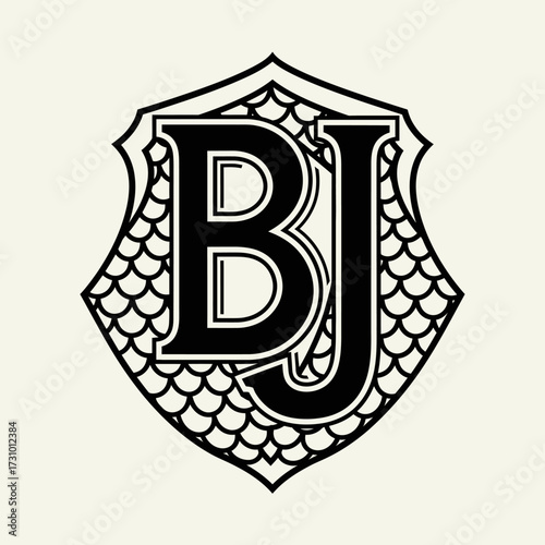 Black and white emblem with letters BJ on a shield.