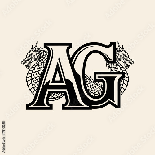 A stylized black and white monogram of the letters AG flanked by two intricate, symmetrical dragons on a beige background.