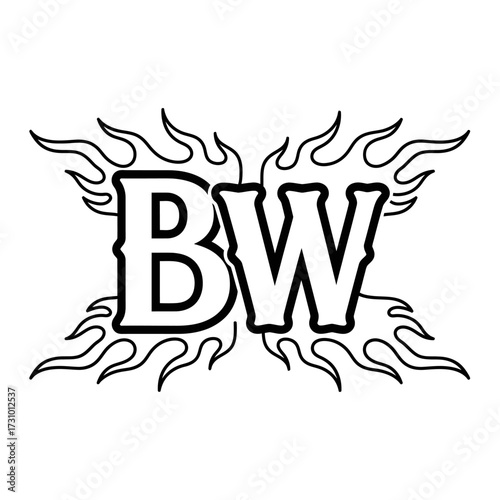 A black and white line art graphic of the letters BW surrounded by stylized flames on a white background.