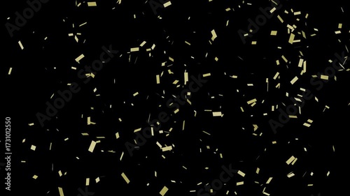Gold confetti falling in front of black background. Animation for celebration or holiday video.