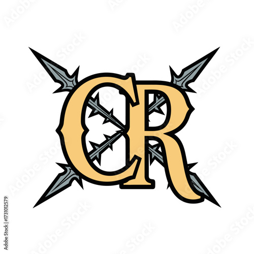 Stylized gold and black 'CR' monogram with crossed dark gray spears and thorny details, set against a white background.