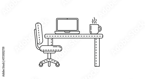 Office desk setup with laptop computer chair and coffee mug vector illustration workspace outline workplace