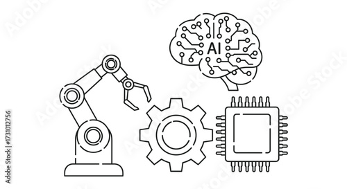 Artificial intelligence ai robot arm gear and chip technology automation outline vector illustration