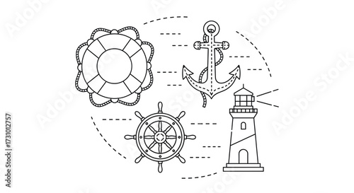 Nautical theme illustration with anchor lighthouse lifebuoy and ship wheel line art vector design element