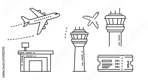 Airport travel elements vector illustration featuring airplane control tower ticket and check in counter one hundred