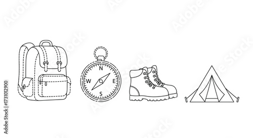 Camping hiking gear adventure backpack compass boots tent equipment outdoors trekking nature travel trip items