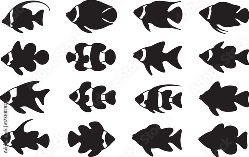 Fish, Angelfish, Clownfish, Goldfish silhouette vector
