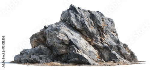 Large, uneven rock formation, light gray and dark gray hues, with rough texture