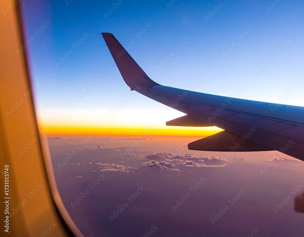 Obraz premium Airplane window view of sunrise over clouds