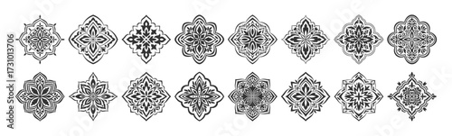 Mediterranean floral ethnic motifs set for ceramic. Black mosaic patterns on white background. Azulejo, talavera or majolica vector ornaments. Spanish, Sicilian, Portuguese, Italian tiles, border