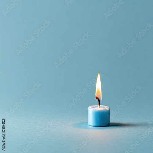 A single, lit, light-blue candle on a smooth, pale-blue surface
