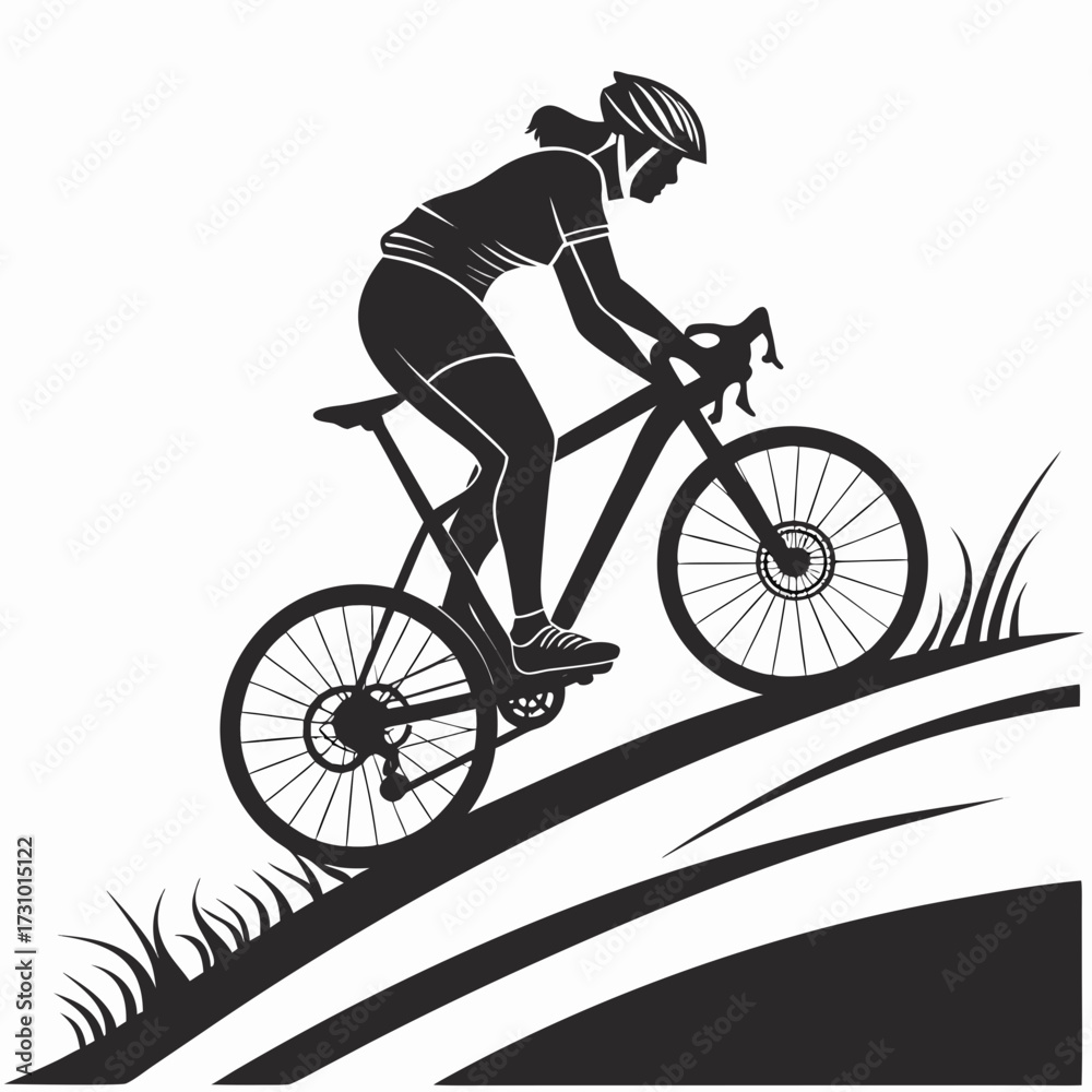 Naklejka premium Silhouette of a woman riding a bicycle uphill on a grassy terrain in black and white illustration style created with generated ai