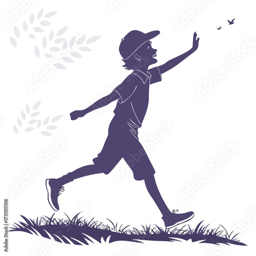 Silhouette of a boy running towards birds with leaves and grass in a monochrome purple and white scene created with generated ai