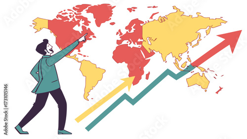 Man pointing at world map with upward trending arrows showing global economic growth and expansion created with generated ai
