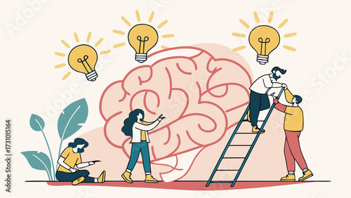 Teamwork concept with people around a brain and light bulbs symbolizing ideas and collaboration together created with generated ai