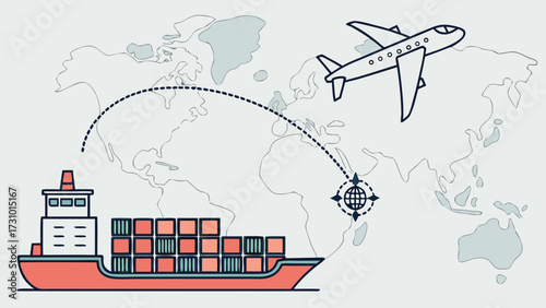 Illustration depicting global shipping routes with a cargo ship and airplane over a world map created with generated ai