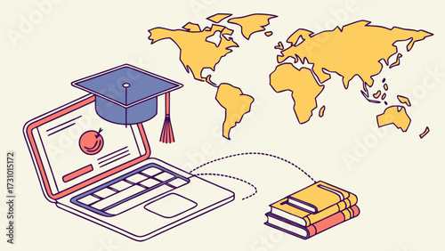 Illustration of a laptop with graduation cap, world map and books representing global online education created with generated ai