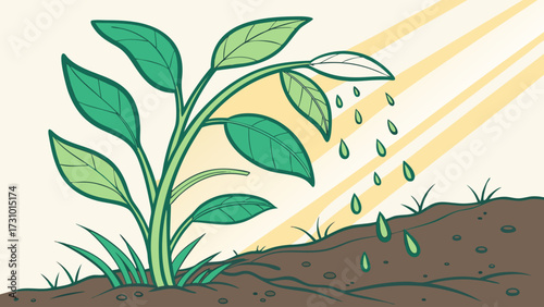 A plant with green leaves growing in soil with sunlight and water droplets falling on it from above created with generated ai