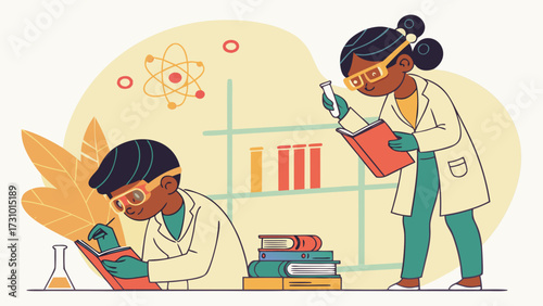 Two scientists in lab coats reading books with atom model and beakers in the background illustration created with generated ai