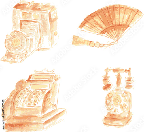 Antiques, retro items, old stuff. Watercolor illustration vector, hand drawn modern freehand new
