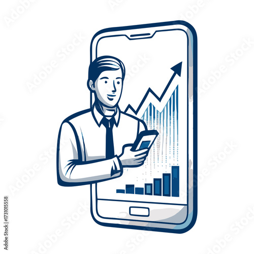 Man using smartphone to track financial growth with charts  