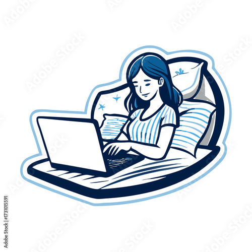 Young woman working on laptop while relaxing in bed at home  
